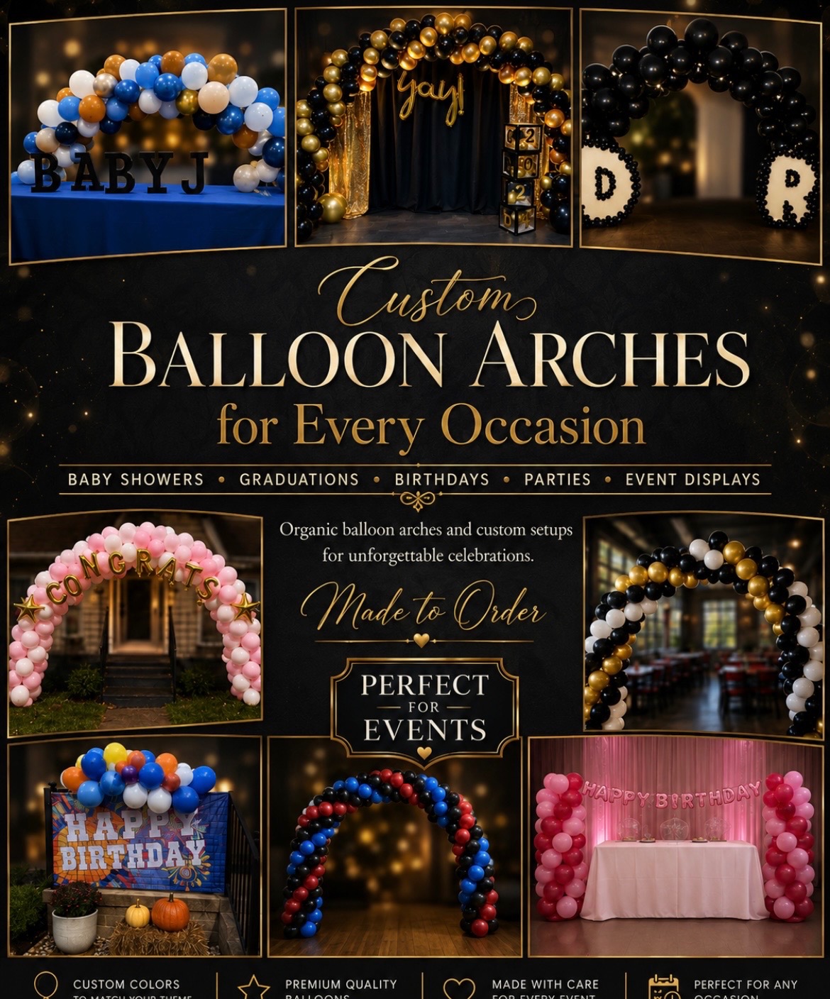 Custom balloon arches for baby showers, graduations, birthdays, parties, and event displays
