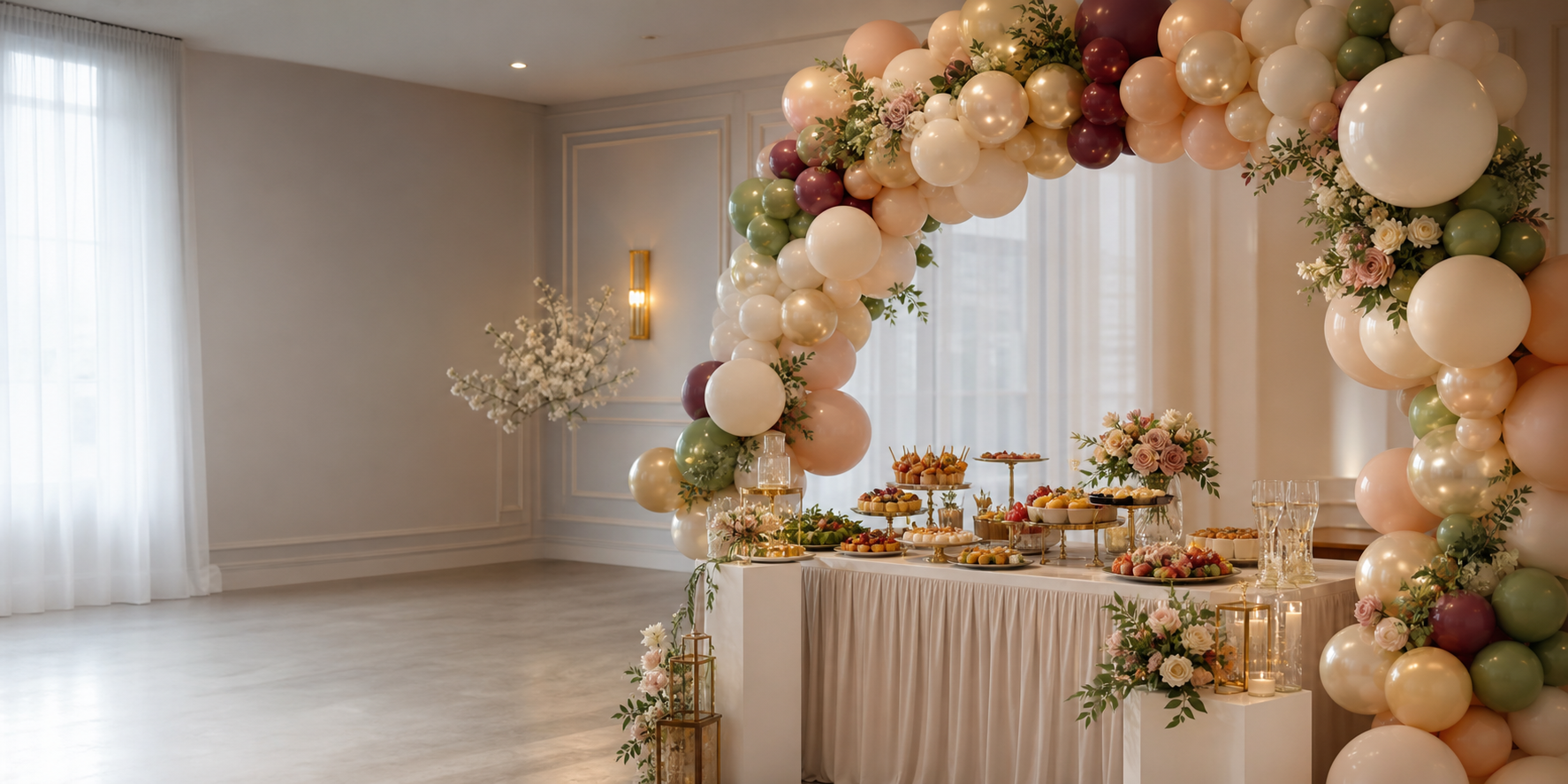 Elegant balloon arch and styled celebration table