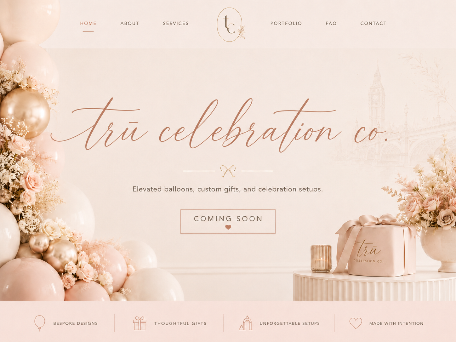 Soft blush and champagne celebration setup with balloons and custom gift box